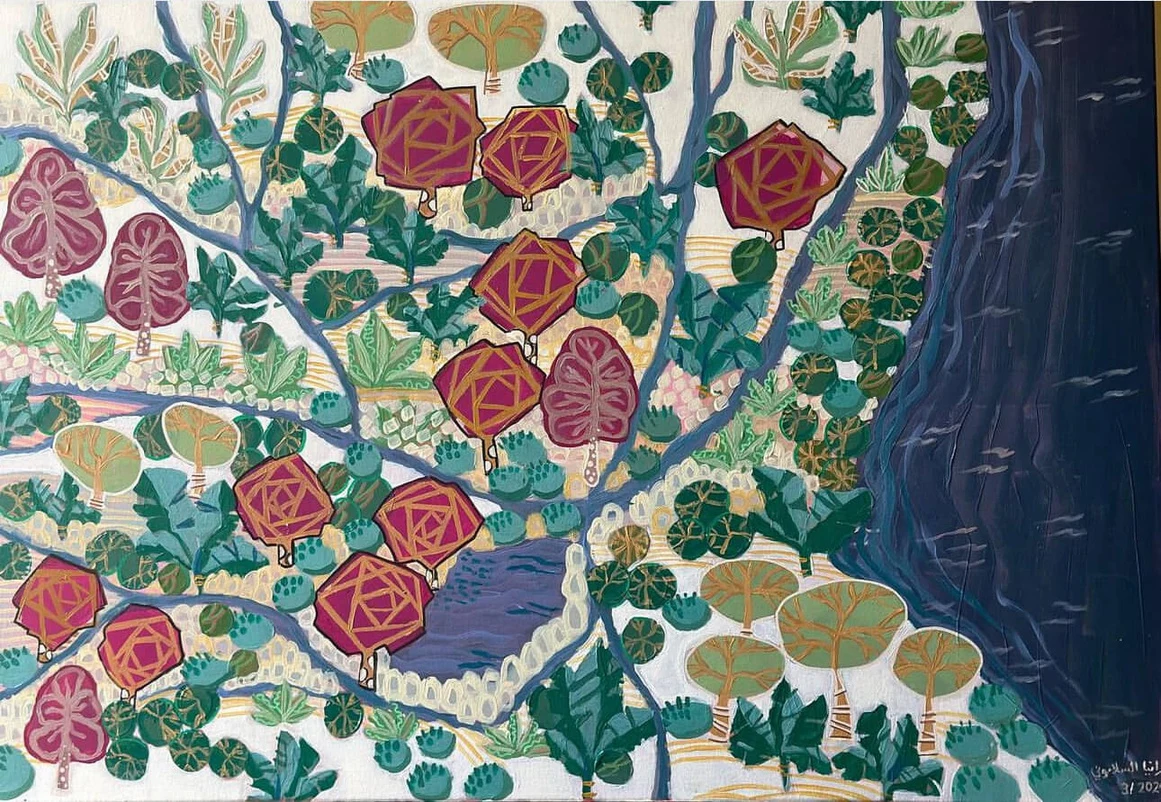 Australian Landscape: an abstract aerial landscape of green foliage, branching forms and burgundy flowers